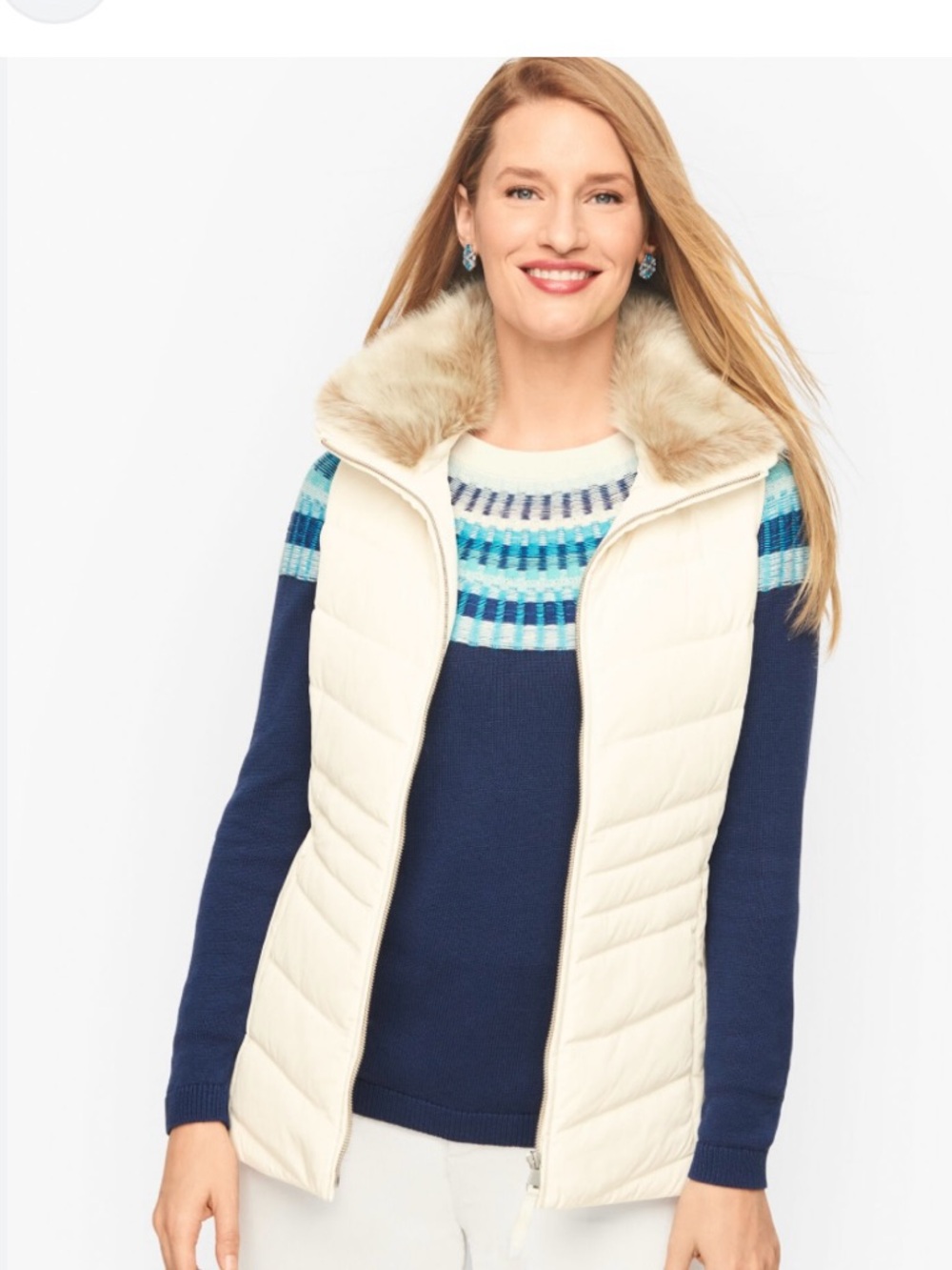 Talbots Cream Quilted Vest with Faux Fur Collar